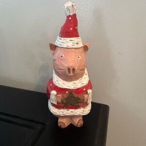 Vintage Primitive Wood Carved Look Santa Pig Figurine 6 1/2"